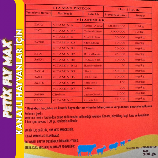 Petix Fly Max Kanatlı Hayvanlar İçin Vitamin 100 Gr