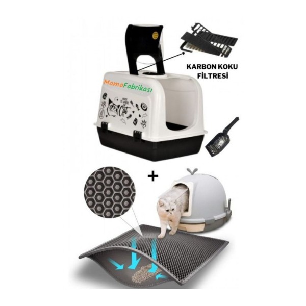 MamaFabrikası Xxl Büyük Boy Maxi Kapalı Kedi Tuvaleti Ve Kürek Hediyeli Elekli Kedi Tuvalet Önü Paspası